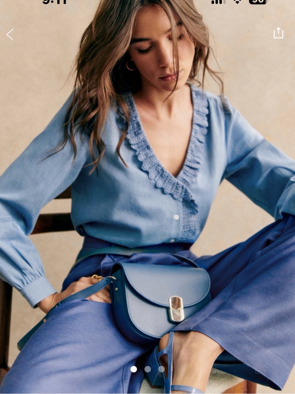 Sezane Light Blue Ruffled V-Neck Blouse